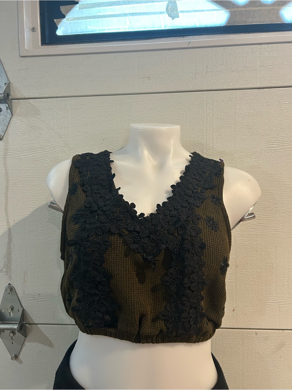 POL Olive Cropped Tank with Black Floral Lace
